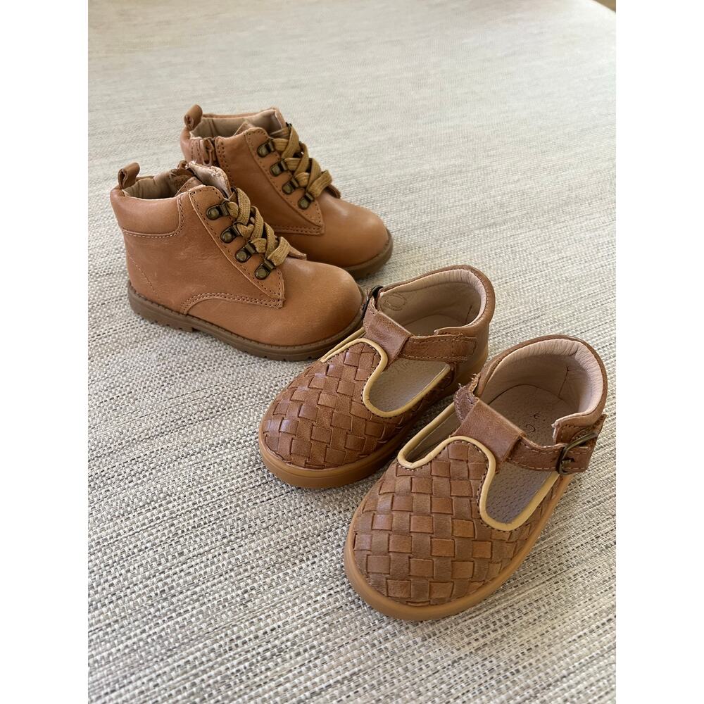 Consciously Baby Combat Boot & Woven T-Bar Bundle Size 6 Sand Walnut Leather